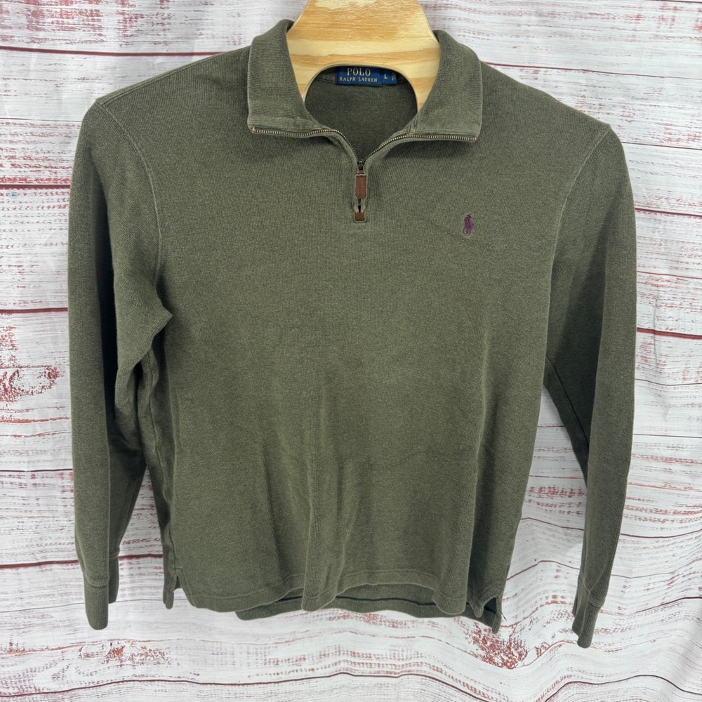 Polo Ralph Lauren Sweater Mens Large Olive Green 1/4 Zip Pullover Cotton Preppy